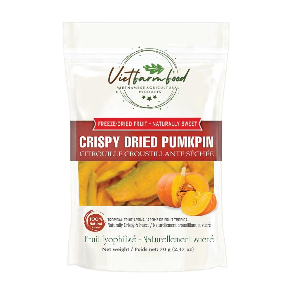CRISPY DRIED PUMPKIN 2.47 oz (70g) VIETFARMFOOD: Freeze-dried, no sugar added, naturally sweet. Nutritious, pure, and crunchy. Great for snacking, toppings, desserts or healthy gifting.