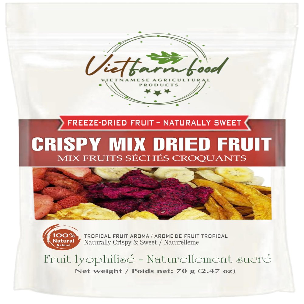 CRISPY MIX DRIED FRUIT 2.47 oz (70g) VIETFARMFOOD: Freeze-dried, no sugar added, naturally sweet. Nutritious, pure, and crunchy. Great for snacking, toppings, desserts or healthy giftin
