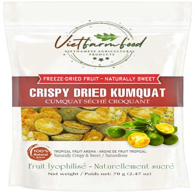CRISPY DRIED KUMQUAT 2.47 oz (70g) VIETFARMFOOD: Freeze-dried, no sugar added, naturally sour. Nutritious, pure, and crunchy. Great for snacking, toppings, desserts or healthy gifting