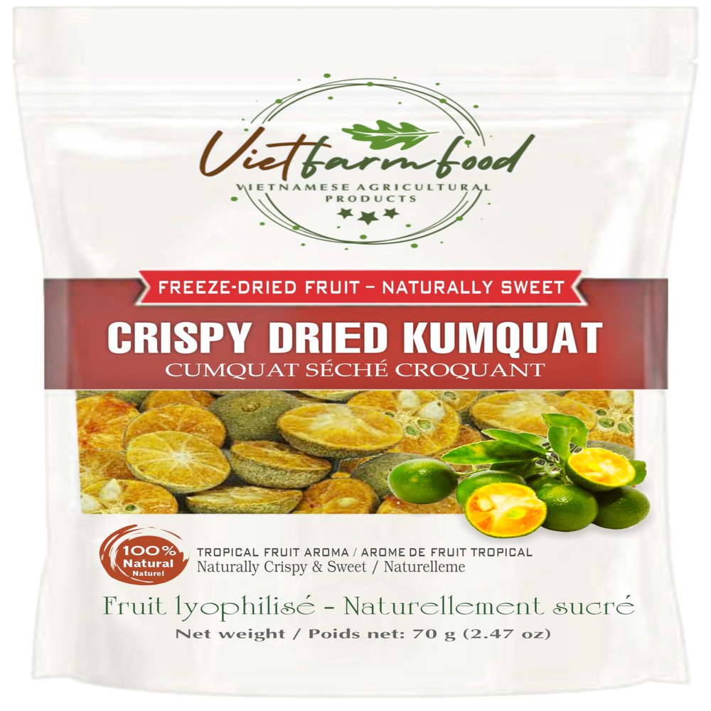 CRISPY DRIED KUMQUAT 2.47 oz (70g) VIETFARMFOOD: Freeze-dried, no sugar added, naturally sour. Nutritious, pure, and crunchy. Great for snacking, toppings, desserts or healthy gifting