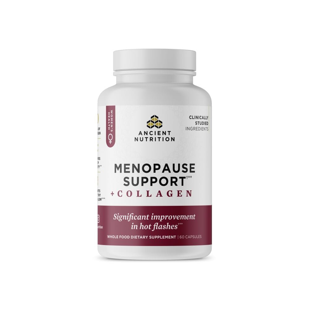 Ancient Nutrition Menopause Support + Collagen Supplement, Hydrolyzed Collagen Peptides, Key Clinically Validated Superfoods, Significant Improvement in Hot Flashes and Sleep Quality, 60 Capsules