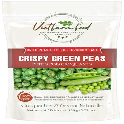 CRISPY GREEN PEAS 5.29oz (150g) VIETFARMFOOD: Lightly fried in oil. No sugar, natural sweetness, characteristic fatty taste, crispy. Suitable as a topping, or as a delicious, nutritious snack.