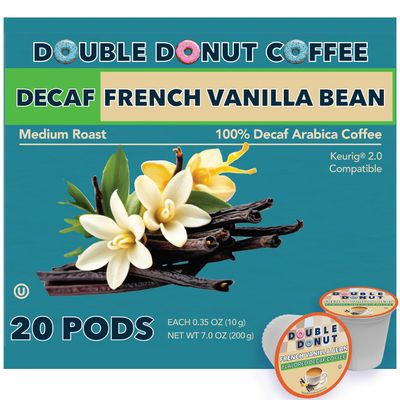 Double Donut Coffee Decaf French Vanilla Coffee Pods, Medium Roast Single Serve French Vanilla Bean Decaf Flavored Coffee Pods For Keurig K Cup Brewers, 20 Count