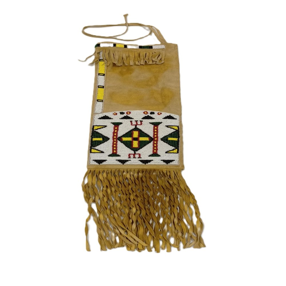 2HIT Leather Beaded Bag with Twisted Fringes Genuine Powwow Tabacco Handmade Pipe Pouch PWBG110