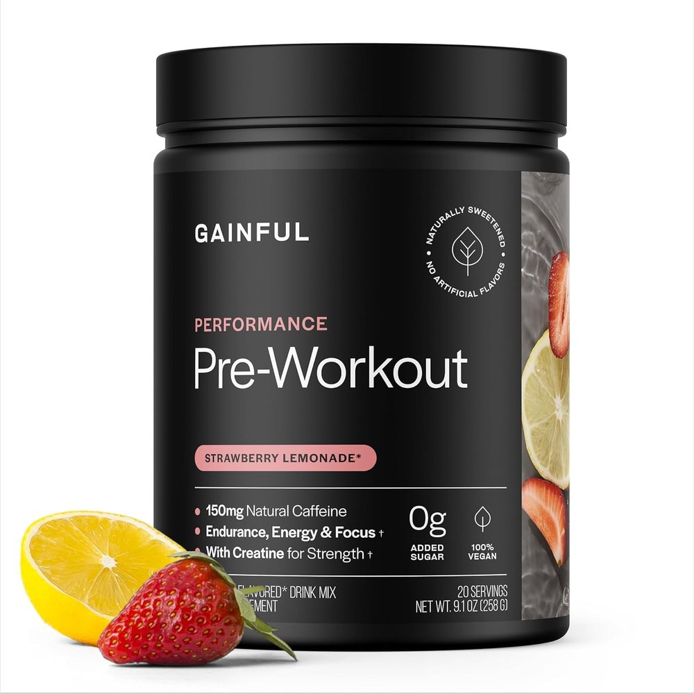 Gainful Pre Workout Powder, Caffeine Free with Creatine, L Citrulline, Beta Alanine, BCAA's, Energy & Muscle Support, (20 Servings, Strawberry Lemonade - Performance)