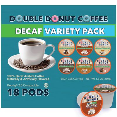 Double Donut Coffee DecafVariety Pack Medium Roast Coffee Pods, Compatible with Keurig K Cups Brewers 18 Count