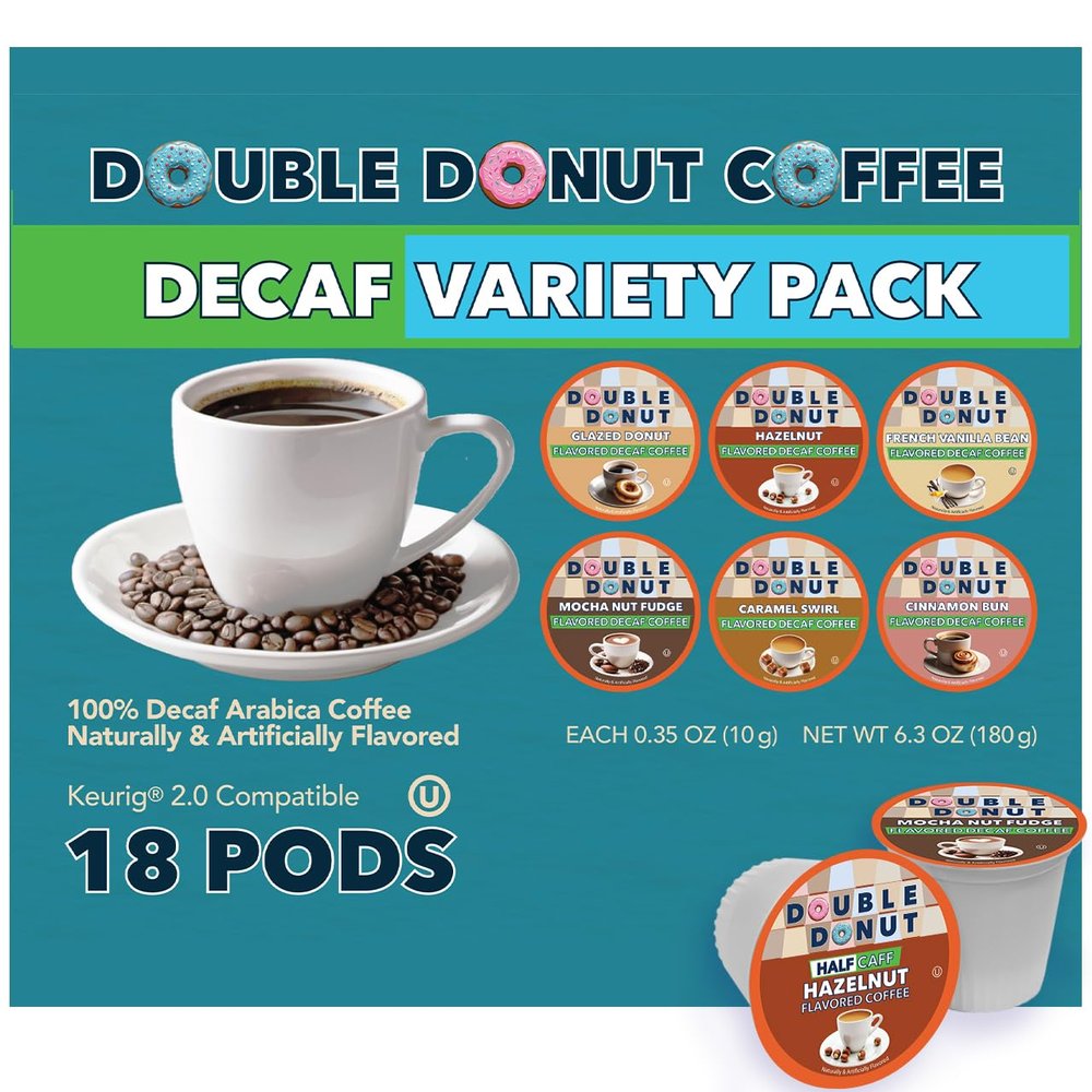 Double Donut Coffee DecafVariety Pack Medium Roast Coffee Pods, Compatible with Keurig K Cups Brewers 18 Count
