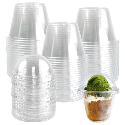100 Pack 9 Oz Clear Disposable Plastic Cups with Dome Lids, 275ml PET Ice Cream Cups with Lids Dessert Containers for Party Sundae Cold Drinks Pudding Jello Fruits Juice Milkshake Tiramisu Cake