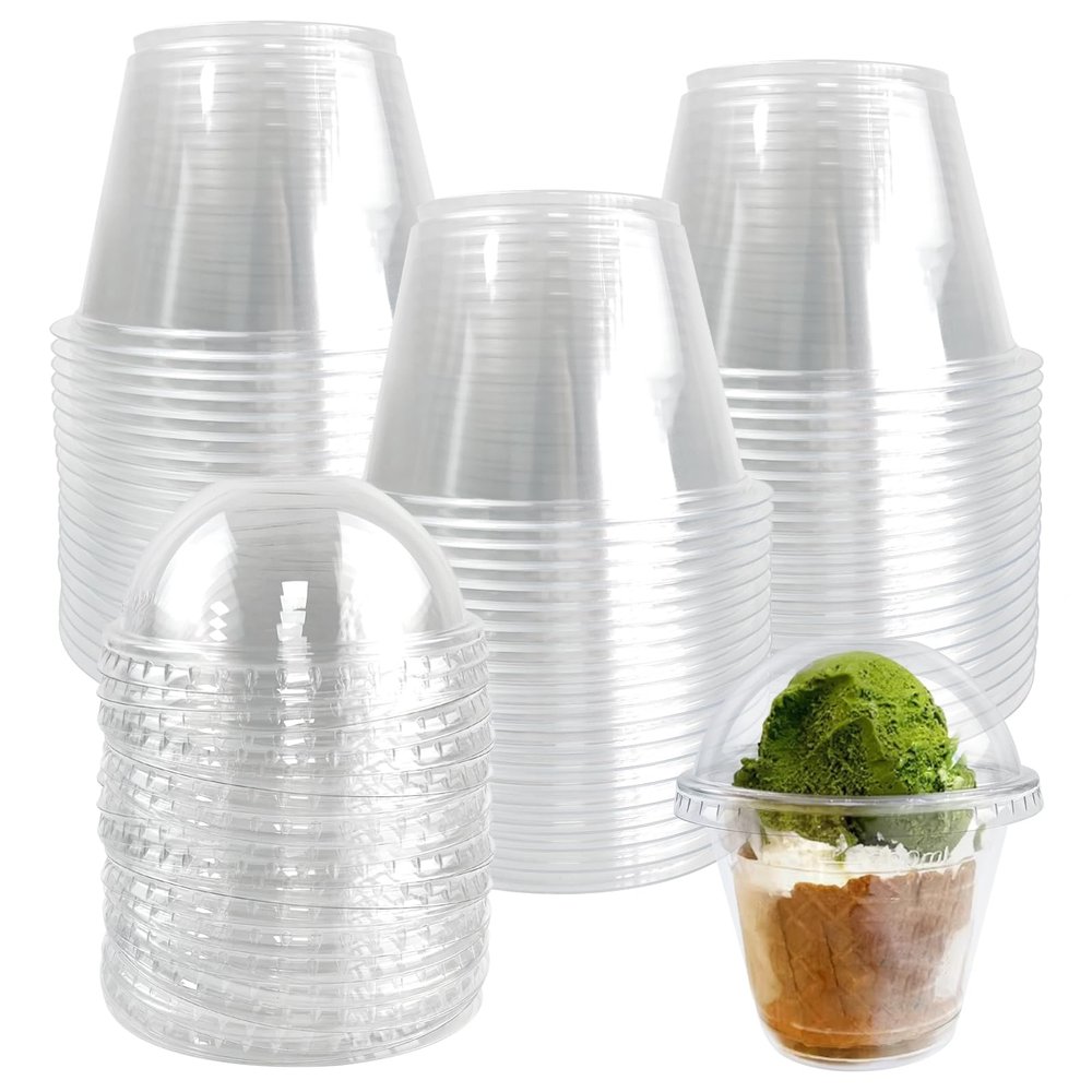 100 Pack 9 Oz Clear Disposable Plastic Cups with Dome Lids, 275ml PET Ice Cream Cups with Lids Dessert Containers for Party Sundae Cold Drinks Pudding Jello Fruits Juice Milkshake Tiramisu Cake