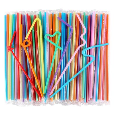 [100 Pack Individually Wrapped] 10.24" High Extra Long Flexible Plastic Straws, Disposable Drinking Straws, Colorful Bendy Straws - Assorted Colors