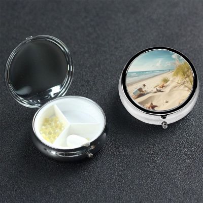 Beach Seaside Pill Box 3 Compartment Pill Case for Purse or Pocket Small Medicine Organizer with Mirror Travel Pillbox Decorative Metal Vitamin Container Unique Gift