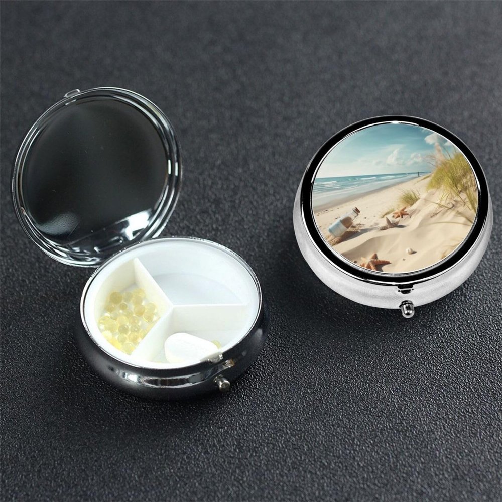 Beach Seaside Pill Box 3 Compartment Pill Case for Purse or Pocket Small Medicine Organizer with Mirror Travel Pillbox Decorative Metal Vitamin Container Unique Gift