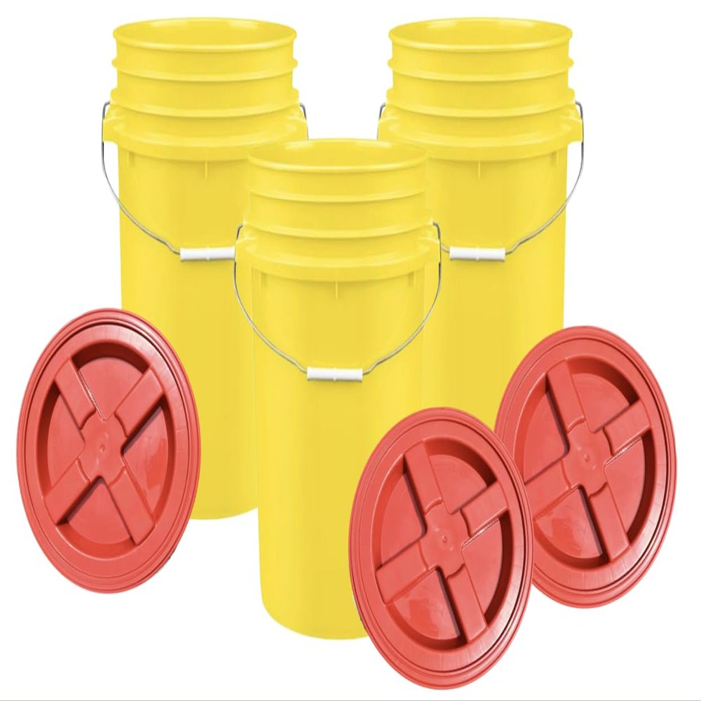 House Naturals Plastic Food Grade Made in USA Bucket with lid, Large 7 Gallon Container Comes with Screw On Lid (3, Yellow with Red lid)
