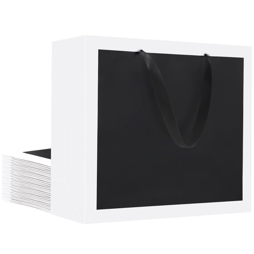 EUSOAR Black Gift Bags with Handles, 20pcs 12.5"x4.5"x11" Retail Kraft Paper Gift Wrap Bags, Merchandise Shopping Wrapping Bag for Business Grocery Boutique Wedding Bridal Party Favor-Black/White