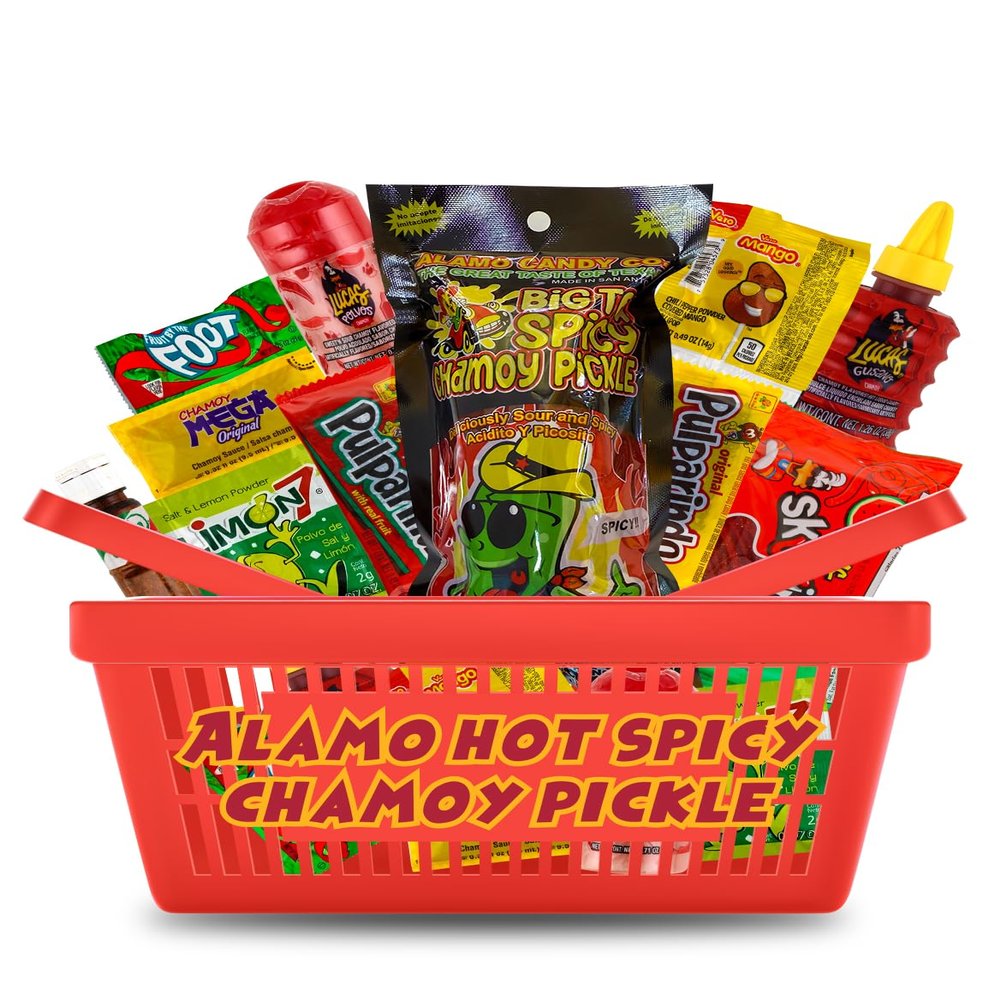 Alamo Hot Spicy Chamoy Pickle Kit, Mexican Candy Mix make the Famous TikTok Trend, (13 Pieces) Includes Original Alamo Spicy Dill Pickle, Baby Lucas, Lucas Gusano, Skwinkles Salsaghetti & and Other Mexican Candy by LookOn