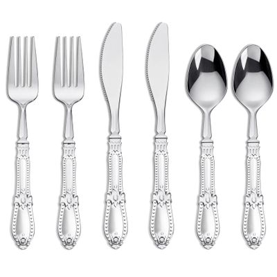 Nervure 150PCS Silver Plastic Silverware, Heavy Duty Disposable Cutlery Set