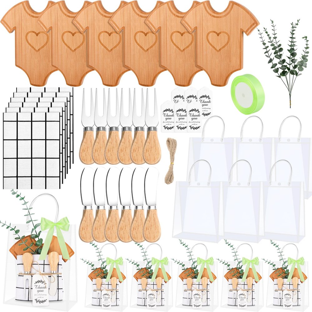 6 Sets Baby Shower Prizes for Game Winners 44 Pcs Bamboo Cheese Board Knife Fork Towel Artificial Eucalyptus Stems with Cards and Gift Bags for Guests Baby Shower Bridal Birthday Party(Cloth)