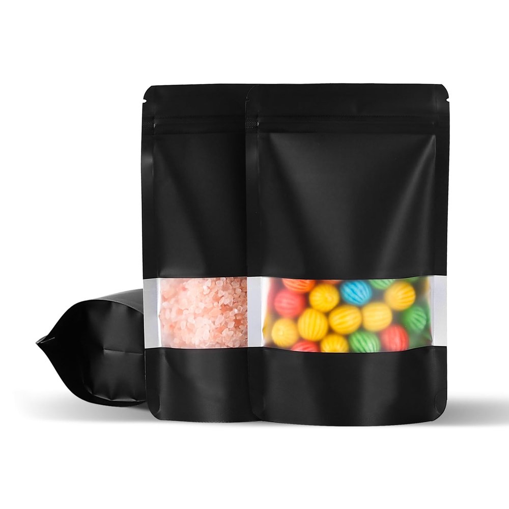 100Pcs 5x8 Inch Smell Proof Bags Stand Up Pouches Resealable Mylar Bags with Window and Zipper Food Storage Coffee Snacks Baked Food Packaging for Small Business (Black)