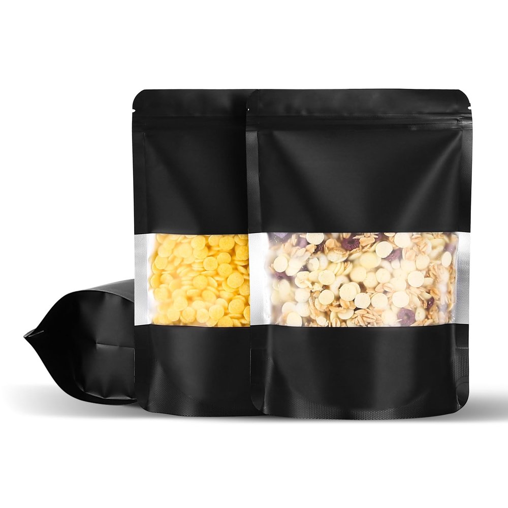 100Pcs 6x9 Inch Smell Proof Bags Stand Up Pouches Resealable Mylar Clear Bags with Window and Zipper Food Storage Coffee Snacks Baked Food Packaging for Small Business (Black)