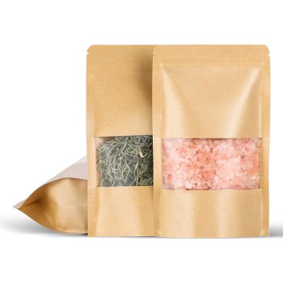 100 Pcs 5x8 Inch Kraft Paper Bags with Transparent Window, Stand Up Pouches,Smell Proof Bags,Resealable Bags for Small Business, Zipper Food Storage,for Packaging Snacks Cookies Candy