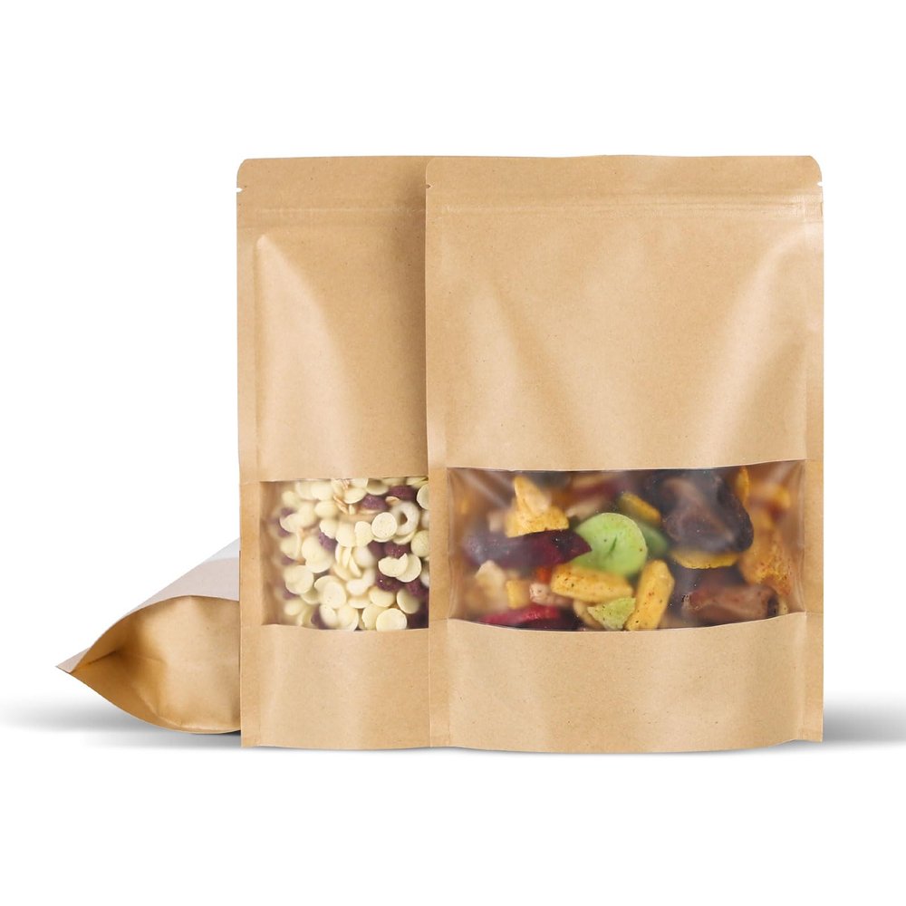 100 Pcs 6x9 Inch Kraft Paper Bags with Transparent Window, Stand Up Pouches,Smell Proof Bags,Resealable Bags for Small Business, Zipper Food Storage,for Packaging Snacks Cookies Candy