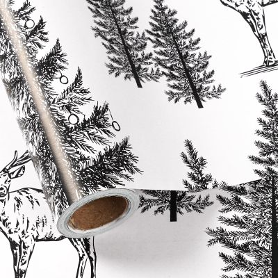 LeZakaa 30in x 32.8Ft Woodland Christmas Wrapping Paper Roll, Vintage Forest Reindeer & Snowy Pine Trees in Black White Sketch-style Design, Holiday Party Gift Wrap for Kids Boys Girls, Jumbo Roll