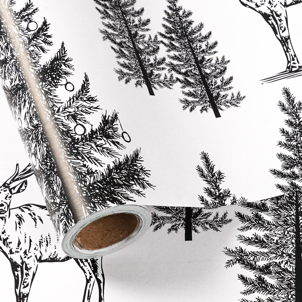 LeZakaa 30in x 32.8Ft Woodland Christmas Wrapping Paper Roll, Vintage Forest Reindeer & Snowy Pine Trees in Black White Sketch-style Design, Holiday Party Gift Wrap for Kids Boys Girls, Jumbo Roll
