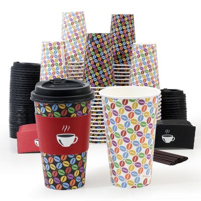 100 Pack 16 oz Paper Coffee Cups with Lids and Sleeves, To Go Paper Cups for Hot & Cold Beverage, Sturdy Thick Paper & Leak-free, Black & White Designs for Home, Business, Caf, Juice or Tea.