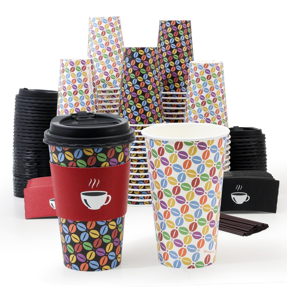 100 Pack 16 oz Paper Coffee Cups with Lids and Sleeves, To Go Paper Cups for Hot & Cold Beverage, Sturdy Thick Paper & Leak-free, Black & White Designs for Home, Business, Caf, Juice or Tea.