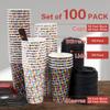 100 Pack 16 oz Paper Coffee Cups with Lids and Sleeves, To Go Paper Cups for Hot & Cold Beverage, Sturdy Thick Paper & Leak-free, Black & White Designs for Home, Business, Caf, Juice or Tea. view 2