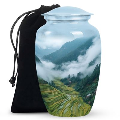 KARYLIZ Nature Mountain Urn - Misty Sky Blue & Green Memorial Urn - Cremation Urns for Human Ashes Large - Funeral & Burial Urns for Male & Female - 10 Inch