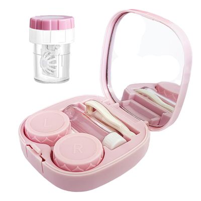 CADEVED Contact Lens Case Kit with Cleaner Washer, Contact Lenses Applicator Removal Tool Kit with Mirror Solution Bottle for Daily and Outdoor Use(Pink)