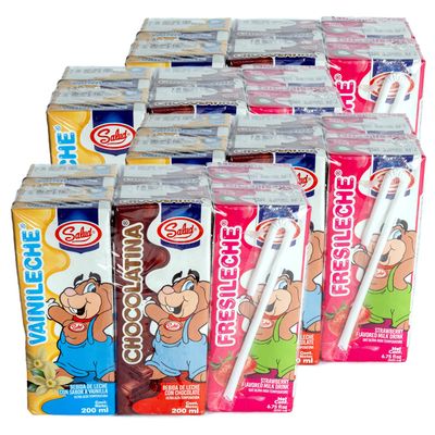 Salud Milk Boxes Variety Pack Made with Real Chocolate, Vanilla & Real Milk - 4g Protein, Calcium & Vitamin A, Leche Vainilla Fresa - Perfect for Lunchboxes - 6.75 oz each, (24 Pack)