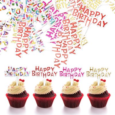 100 PCS Colorful Happy Birthday Cupcake Toppers, Small Plastic Cake Toppers for Birthday, Baby Shower, Anniversary, Party Decorations