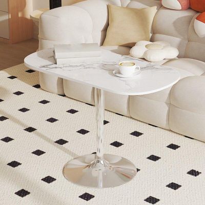 Small Side Table Rock Slab Thickened Steel Frame Swivel/Adjustable Height Couch Table Bed Desk for Living Room, Bedroom, Small Spaces 69 * 39cm(White)