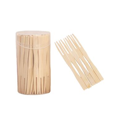 100 Pieces Mini Disposable Bamboo 2 Prong Forks 2 Tines Bamboo Forks Appetizer Fork Cocktail Picks Fruit Fork for Fruit Snack, 3.5"