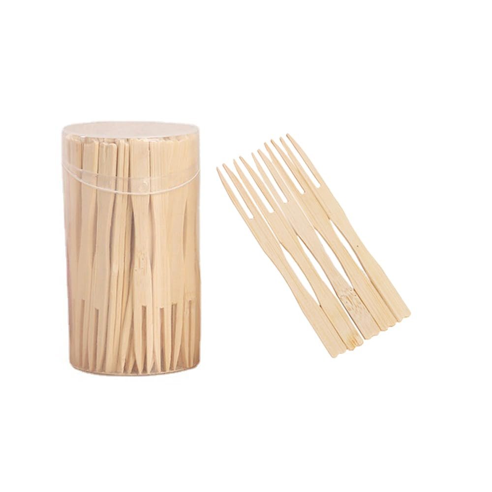 100 Pieces Mini Disposable Bamboo 2 Prong Forks 2 Tines Bamboo Forks Appetizer Fork Cocktail Picks Fruit Fork for Fruit Snack, 3.5"