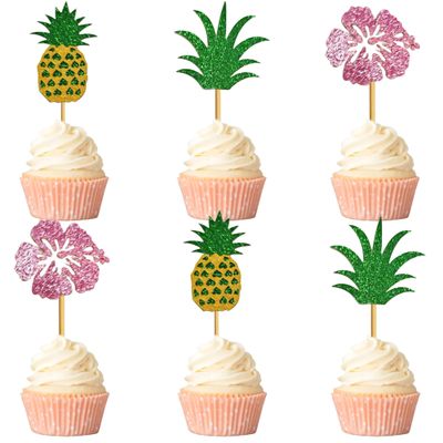 12 PCS Pineapple Cupcake Topper Floral Glitter Cake Decor for Hawaiian Themed Birthday Celebrations Party Decoration Supplies