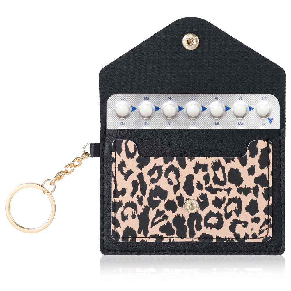 1 Pack Birth Control Pill Case Sleeve Packet 4.3 X 3 Inch PU Leather Wallet Pill Holder Privacy Protection Birth Control Pill Wallet with Key Ring for Pill Card Organizer, Black