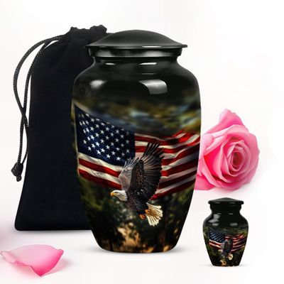 Black Flying Eagle with American Flag Urns for Human Ashes Adult Man - Large Urns for Human Ashes Adult Female - Keepsake Memorial Burial - Combo 1 Large 1 Keepsake