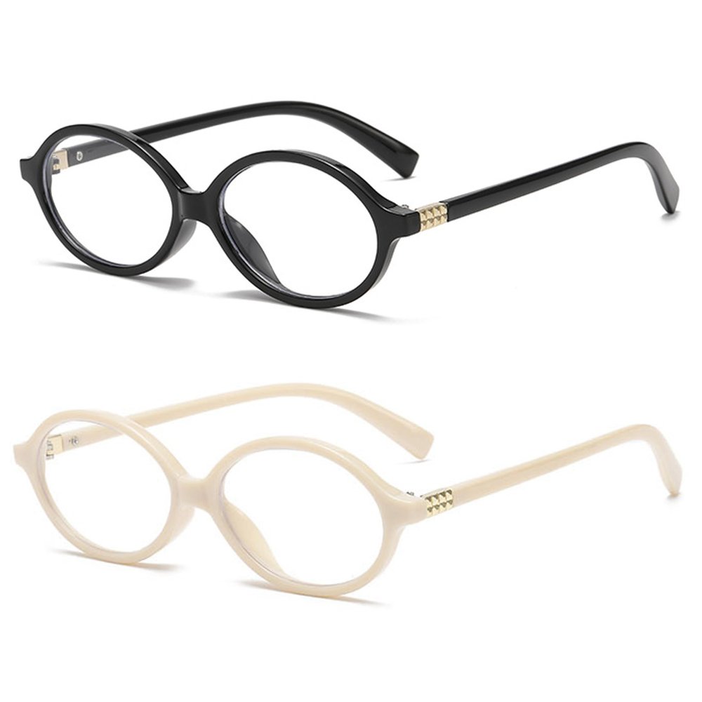 2Pack Retro Oval Reading Glasses for Men Women 90s Style Blue Light Blocking Nerd Eyeglasses (black/Beige, 2.0, x)