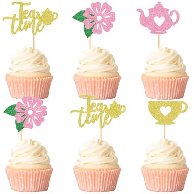 12 PCS Tea Party Cupcake Toppers, Teapot and Floral Theme Cake Decor for Afternoon Tea, Baby Showers, or Garden Themed Parties