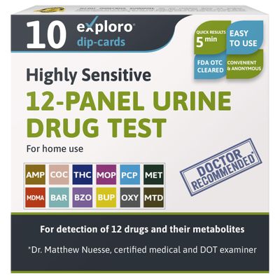Exploro 12 Panel Urine Drug Test, Drug Test Kit for Multidrug Screen, Accurate 12 Panel Drug Test Urine for 12 Type of Drugs, Easy at Home Drug Tests, DOT Compliant, Peace of mind results (Pack of 10)