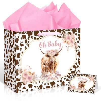 Large Cow Baby Gift Bag Highland Cow Gift Bag with Handles Tissue Paper and Card Cowgirl Birthday Highland Cows Baby Shower Decorations for Girls Cowgirl Cowboy Newborn New Moms Parents Birthday Decor