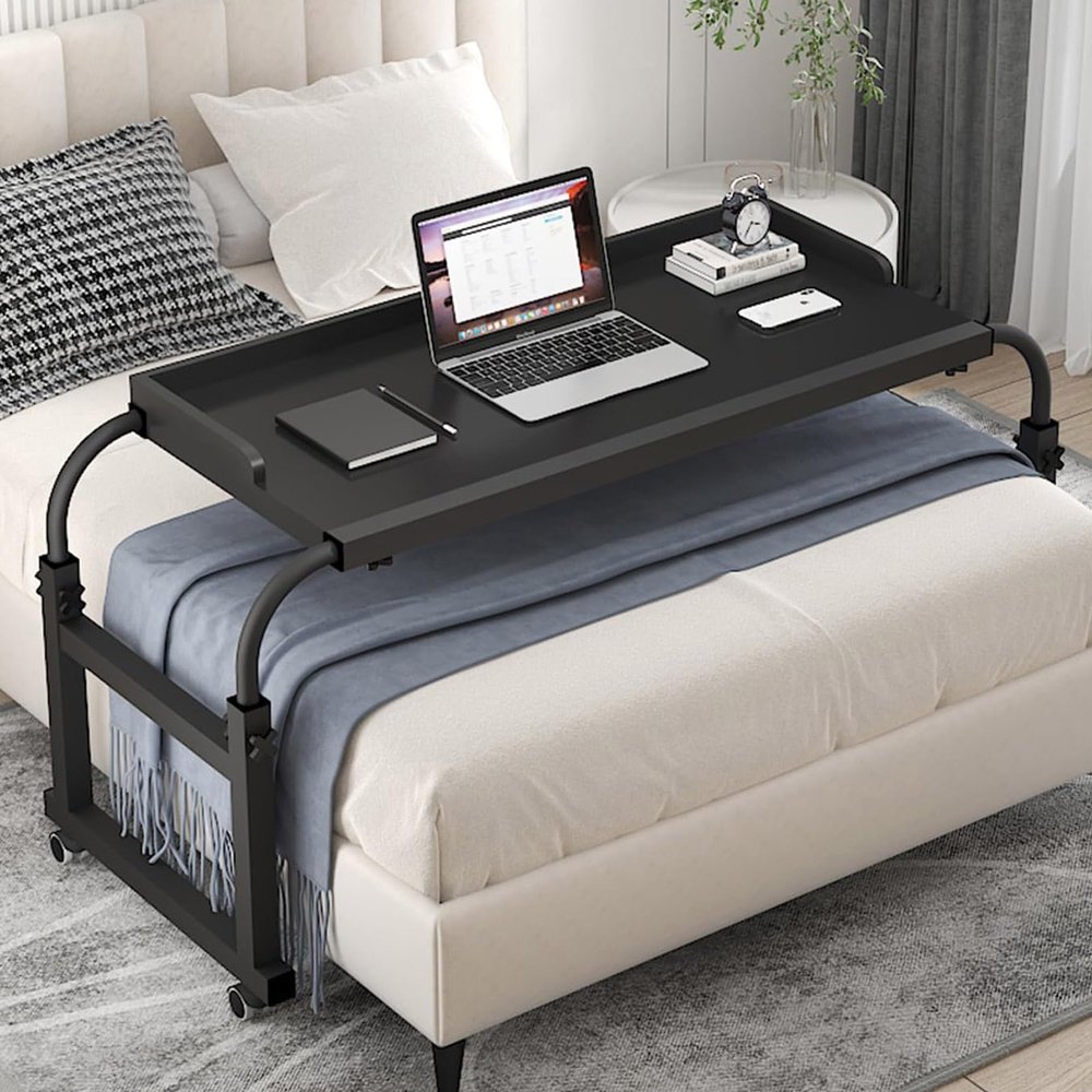Over Bed Table King Size, Overbed Table with Wheels Adjustable Height (65-95cm), Queen Size Bed Tables, Portable Extendable Rolling Computer Desk Side Swivel Bedside Mobile Desk Workstation(Black,100c