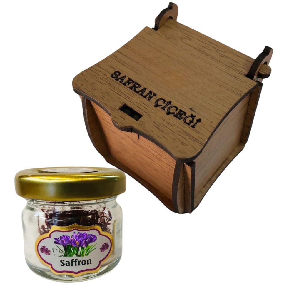 Turkish Safranbolu Superior Saffron Threads (Super Negin) First-class Saffron Spice for Paella, Risotto, Tea and all Kitchen Uses (1gr), Glass Jar In a Wooden Box