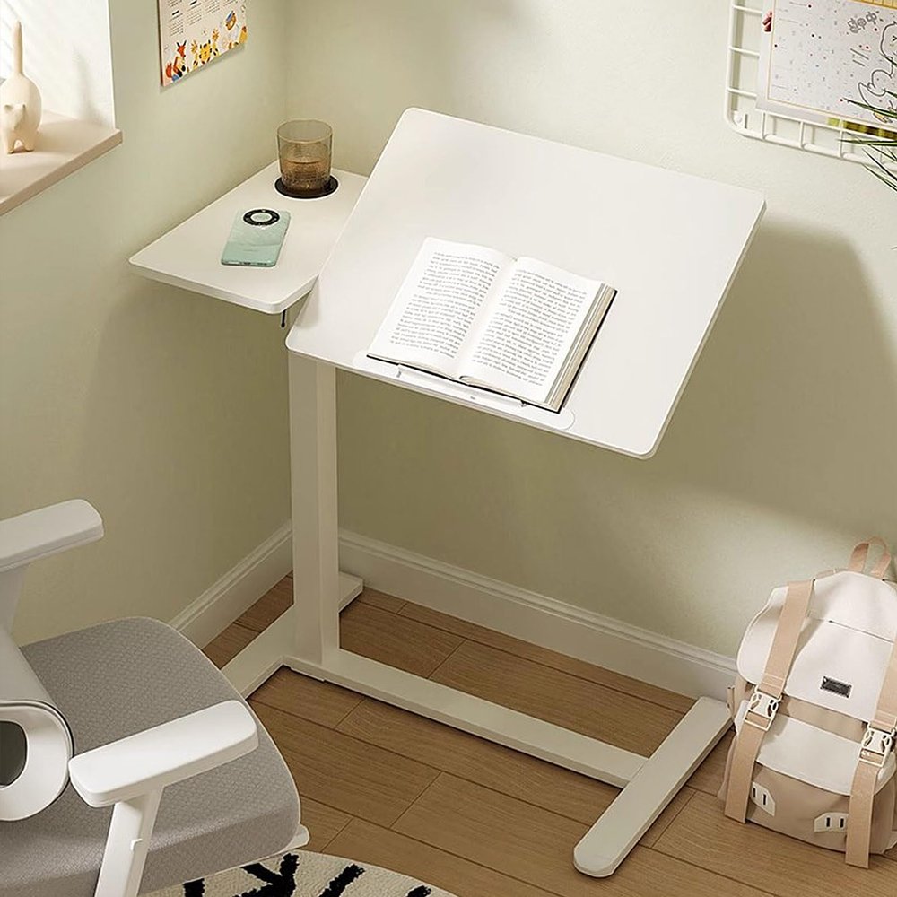 Drsyffsup White Side End Table, Overbed Table with Hidden Wheels, Height Adjustable Bedside Sofa Recliner Side Tables, C Shaped Rolling Standing Small Laptop Desk for Home Office(Left)