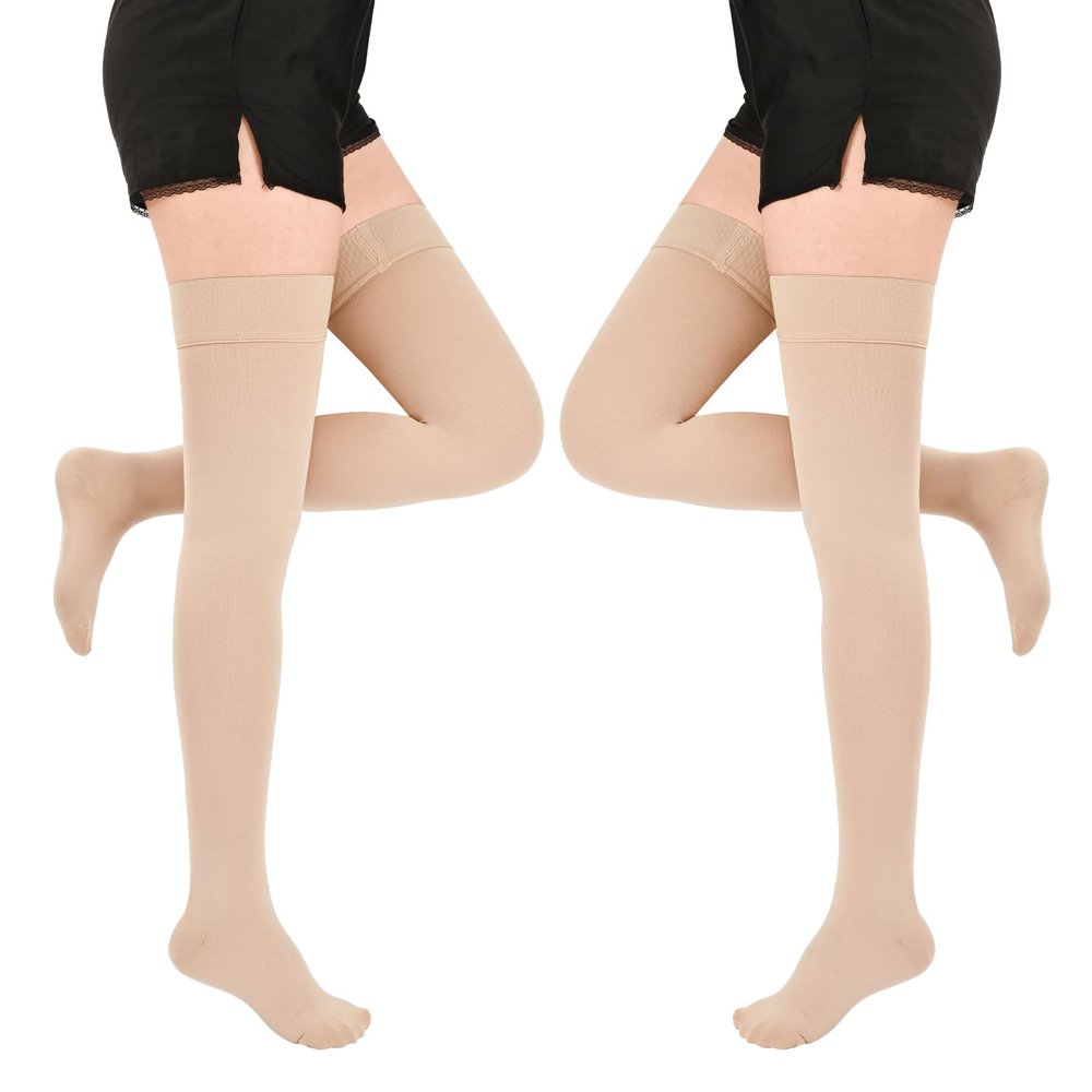 20-30 mmHg Compression Stockings for Women & Men, Graduated Compression Thigh High Compression Socks for Varicose Veins, Medical Support Hose for Pregnant, Teacher, Doctor (2 Pair, Beige, M)