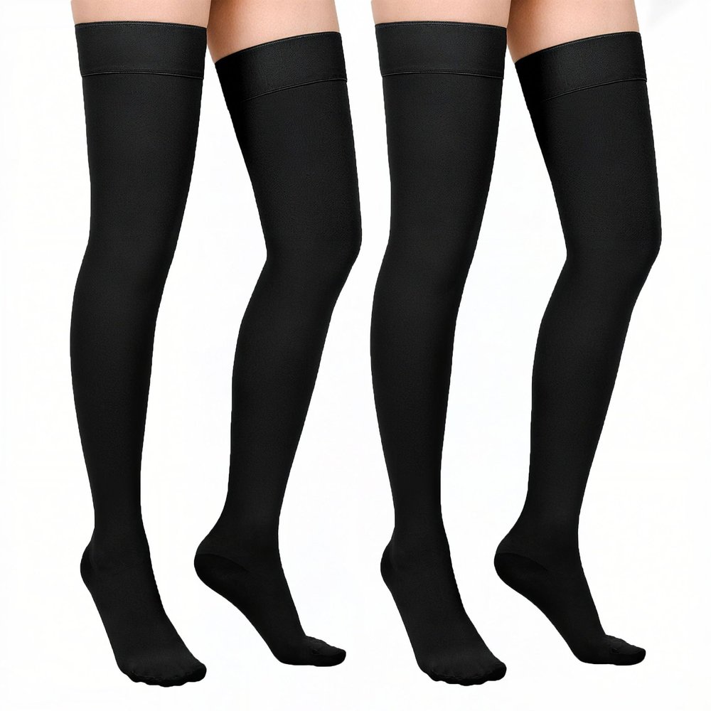20-30 mmHg Compression Stockings for Women & Men, Graduated Compression Thigh High Compression Socks for Varicose Veins, Medical Support Hose for Pregnant, Teacher, Doctor (2 Pair, Black,XX-L)