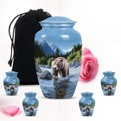 Blue Forest Bear Large urn for Ashes Adult Male - Small Funeral urns for Ashes for Women Combo of 10" & 3"